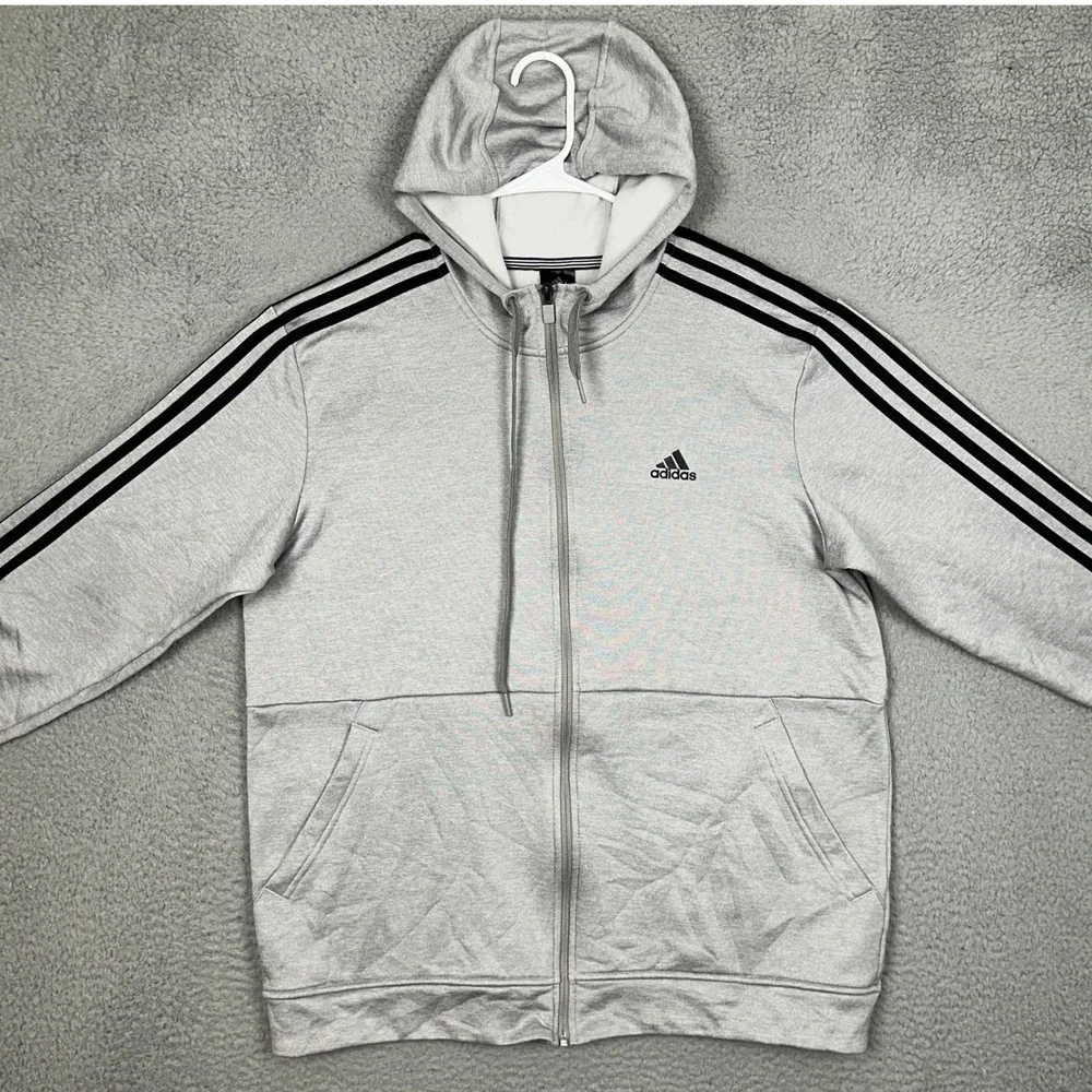 Adidas Hoodie Mens Large ClimaWarm Full Zip Grey 3-Stripe Fleece Jacket Pocket